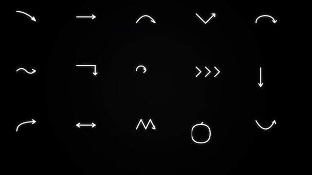 white hand drawn neon pointing arrows and doodle sketch graphic elements set on black background for motion design