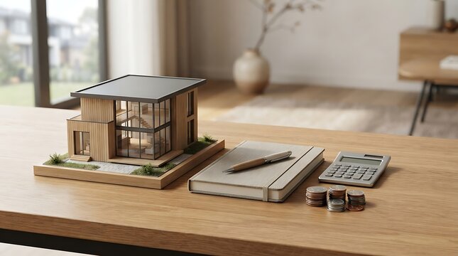 Miniature Modern House Model with Financial Planning Tools on Wooden Desk home real estate