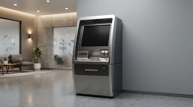 Modern Silver ATM Machine in a Contemporary Interior Lobby automated teller machine cash machine