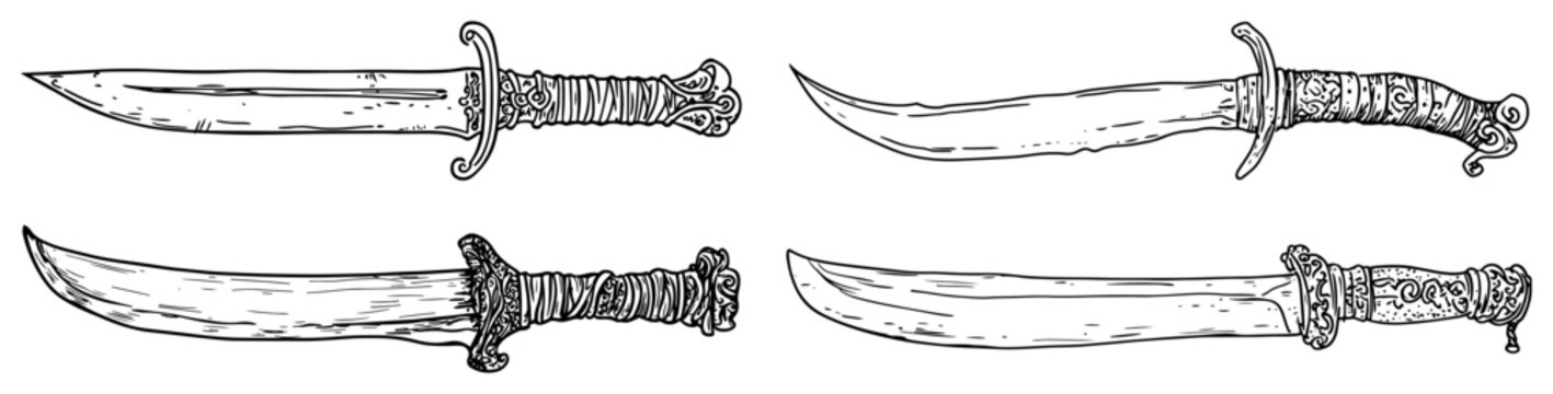 Ornate historical daggers and curved oriental knives in detailed line art style