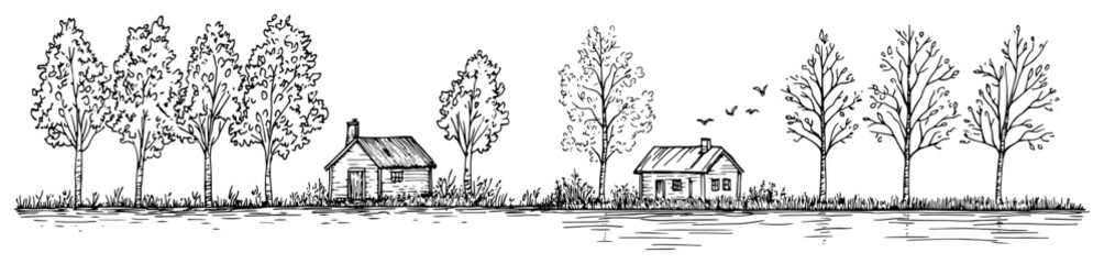 Country houses along river bank with row of trees in minimalist sketch style © Kaz