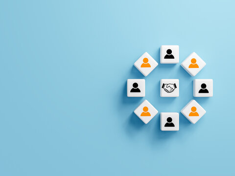 People icons forming a circle around a handshake symbol to represent business collaboration and networking on a plain light blue background surface