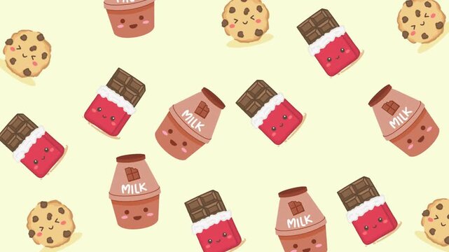 Cute Pattern of Cartoon Milk, Chocolate, and Cookies on Pastel Background