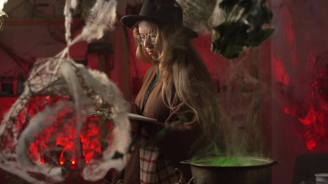 A realistic witch brewing a potion. She looks through a spellbook for the right recipe and ingredients. Everyday life intertwined with traditional witchcraft. Magic and a mystical atmosphere.