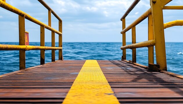 Rusty yellow metal pier walkway leading to ocean horizon