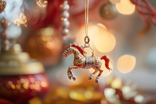 Ornate horse ornament hanging with warm bokeh holiday lights