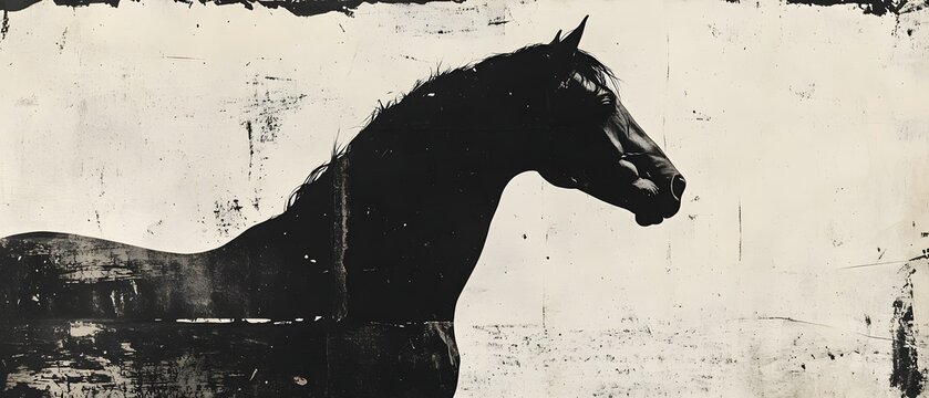 Black horse silhouette in grunge high-contrast panoramic composition