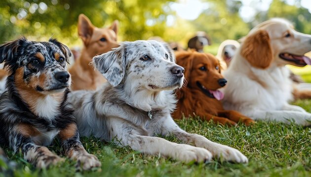 Group of relaxed dogs lying on grass in a sunlit park scene
