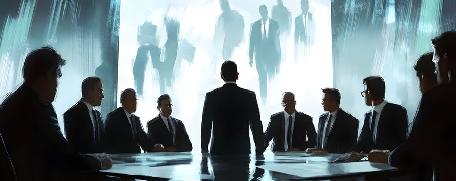 Business leader standing at boardroom table with backlit silhouettes