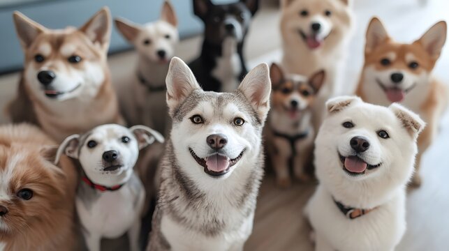 Siberian husky leading a happy pack of smiling indoor dogs