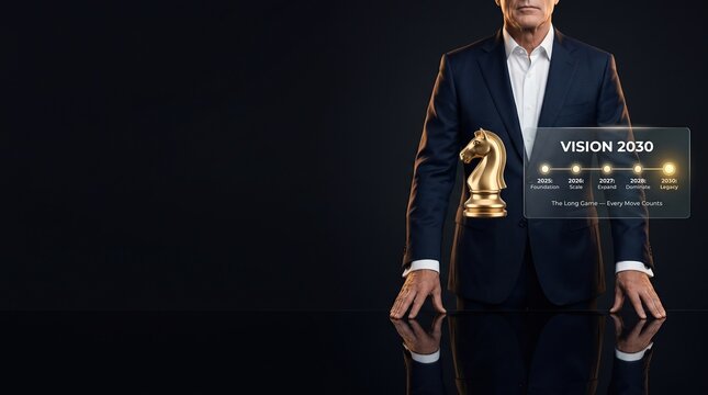 CEO long term business strategy concept with executive beside a monumental gold chess knight and Vision 2030 roadmap showing milestones from foundation to legacy