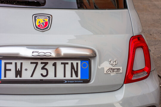 Abarth 595 Pista Rear View Close Up with License Plate and Tail Light Details. Como, Italy - June 24, 2026