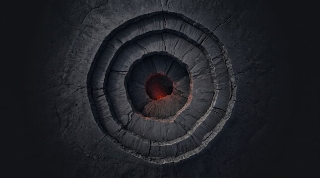 Volcanic basalt caldera crater basin top down satellite map background, orthographic nadir concentric geothermal contour rings with subtle glowing vent for geophysical mining and earth science survey