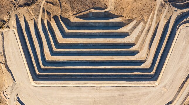 Renewable solar site civil earthwork terraced grading contour background, bird eye orthographic arid hillside landform survey with sharp cut benches for clean energy infrastructure investment report