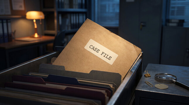 Case File Folder in Investigation Office with Magnifying Glass and Evidence