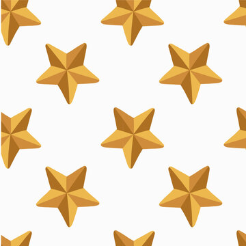 Golden Christmas star pattern, faceted five-point ornaments, white background, seamless vector repeat. Bright angular stars create a balanced geometric field with a festive visual rhythm