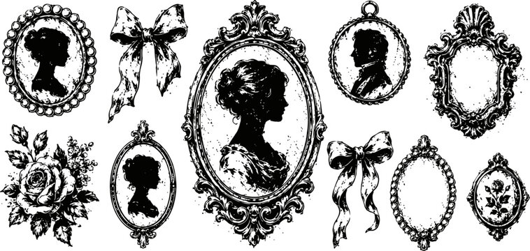 Vintage victorian silhouette portraits and decorative frames with floral and bow accents