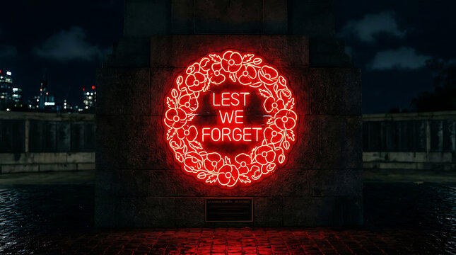 Glowing red neon wreath sign displaying lest we forget message at night