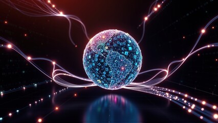 Fototapeta premium Digital globe glows, connected via vibrant light streams. Futuristic network concept, data visualization, technology illustration.