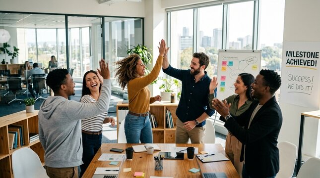 Diverse team celebrates success with high fives in modern office meeting room.