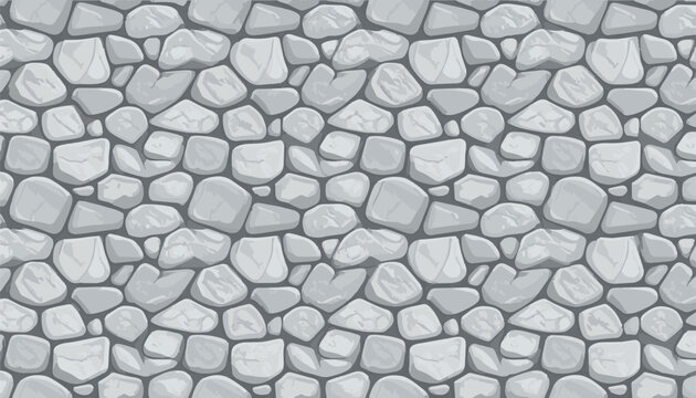 Seamless vector stone wall pattern with grey cobblestone texture. Flat design rock backdrop for web backgrounds, banners, architectural visualization, and rustic decorative surface construction.