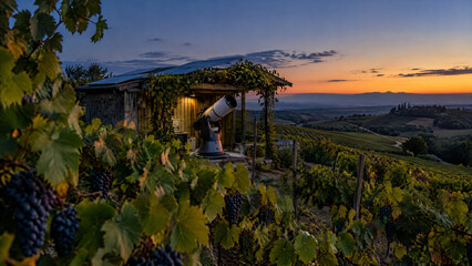 Obraz premium Telescope set up for stargazing in a vineyard at twilight with rolling hills in the background