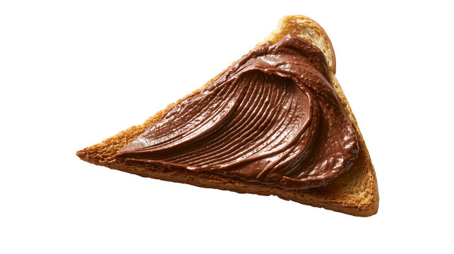 A slice of golden toasted bread generously spread with rich chocolate hazelnut cream, isolated on transparent background