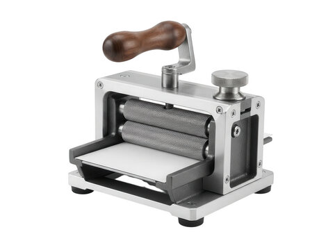 Manual metal sheet rolling machine with wooden handle isolated on a transparent background for jewelry making and craft metalwork projects