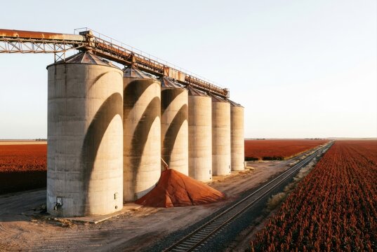 Agricultural grain silos beside railway in vast rural farmland