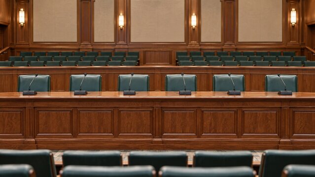 Empty public hearing chamber with microphones and organized seating prepared for a formal committee session, representing public consultation, legislative hearings, municipal government