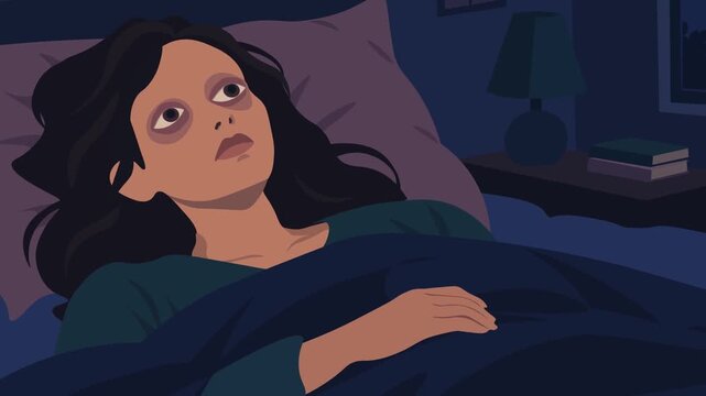 Fatigue Young Woman Lying Awake In Bed At Night With Open Tired Dark Eyes . Flat Design Animation. Insomnia, Sleeplessness, Sleep Deprivation, Restlessness, And Difficulty Falling Asleep Concept