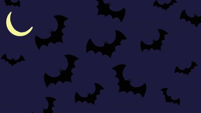 Silhouettes of bats flying at night with crescent moon