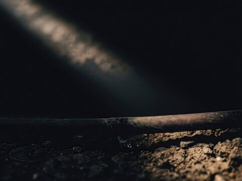 Soaker hose watering dry soil in a moody garden close up