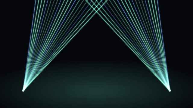 Dynamic teal and blue laser beam lines forming a fan shape on a dark background. Perfect for club music, concert visuals, night parties, and futuristic high-tech themes.