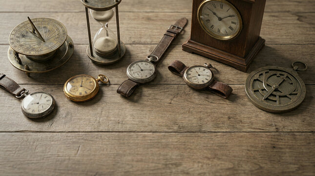 Collection of antique timekeeping devices arranged on weathered wood planks