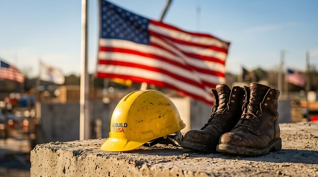 Yellow construction hard hat and pair of worn leather work boots resting on concrete slab at building site with American flag waving in distance at sunset for industrial labor concepts