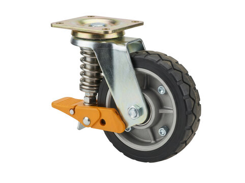 Heavy duty swivel caster wheel with spring suspension and locking brake isolated on transparent background for industrial equipment