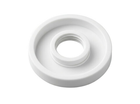 White circular plastic threaded flange component isolated on transparent background for plumbing or industrial machinery assembly