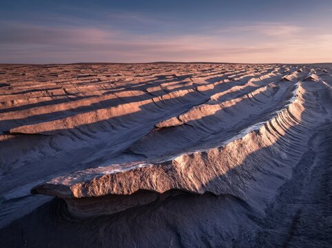 Eroded ridges at sunset across a vast arid badlands landscape