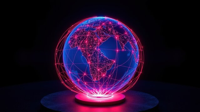 Glowing globe displays interconnected network. Bright pink lines highlight continents, oceans. Dark background emphasizes digital world concept.