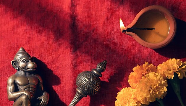 Traditional indian religious scene with hanuman statue, marigold flowers, and clay oil lamp for festive background and spiritual design
