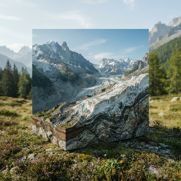 Cube showing a glacier photo and rock strata standing in a grassy field