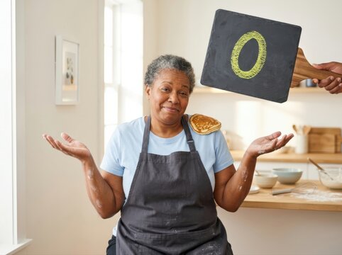 Pancake fail in home kitchen with amused woman chef