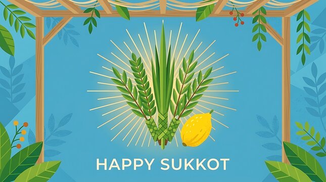Four species with subtle golden rays behind them, minimal Happy Sukkot text, modern flat vector artwork