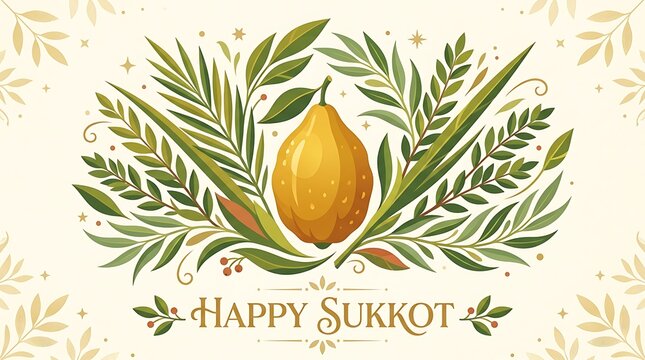 Golden etrog surrounded by green leaves, minimal Happy Sukkot text, elegant flat vector illustration