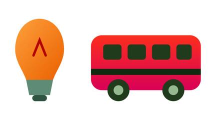 Red school bus and orange light bulb with caret symbol, representing education and ideas. © Ai Studio 