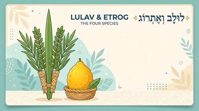 Lulav with Palm, Myrtle and Willow Branches Beside Golden Etrog, Traditional Sukkot Four Species Clean Flat Vector Banner