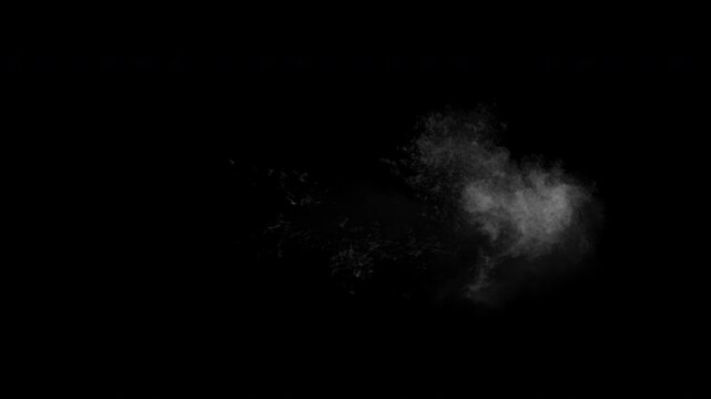 Smoke burst with light flash on alpha channel. Realistic smoke blast expanding sideways. Muzzle flash with expanding gunshot smoke isolated