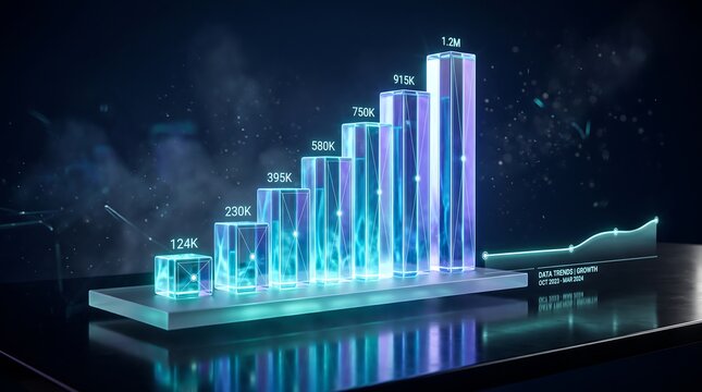 Glowing 3d holographic bar chart showing exponential financial growth with increasing numerical data values from 124k to 1.2m on sleek dark reflective surface for business analytics concept