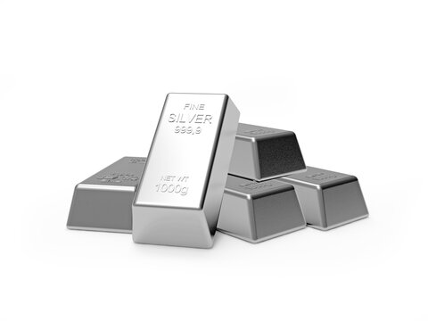 Close view of several fine silver bullion bars arranged in a small stack on a white background, showing polished metallic surfaces and investment wealth concept as a 3D render